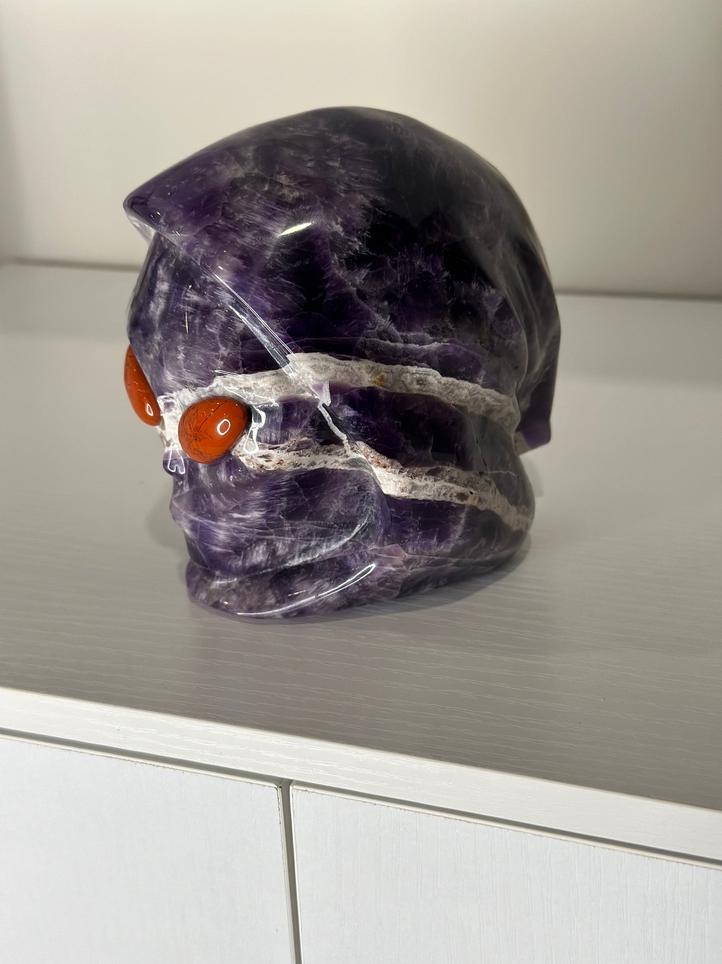 5 Inch Dream Amethyst w/Red Jasper Eyes Hooded Alien Head