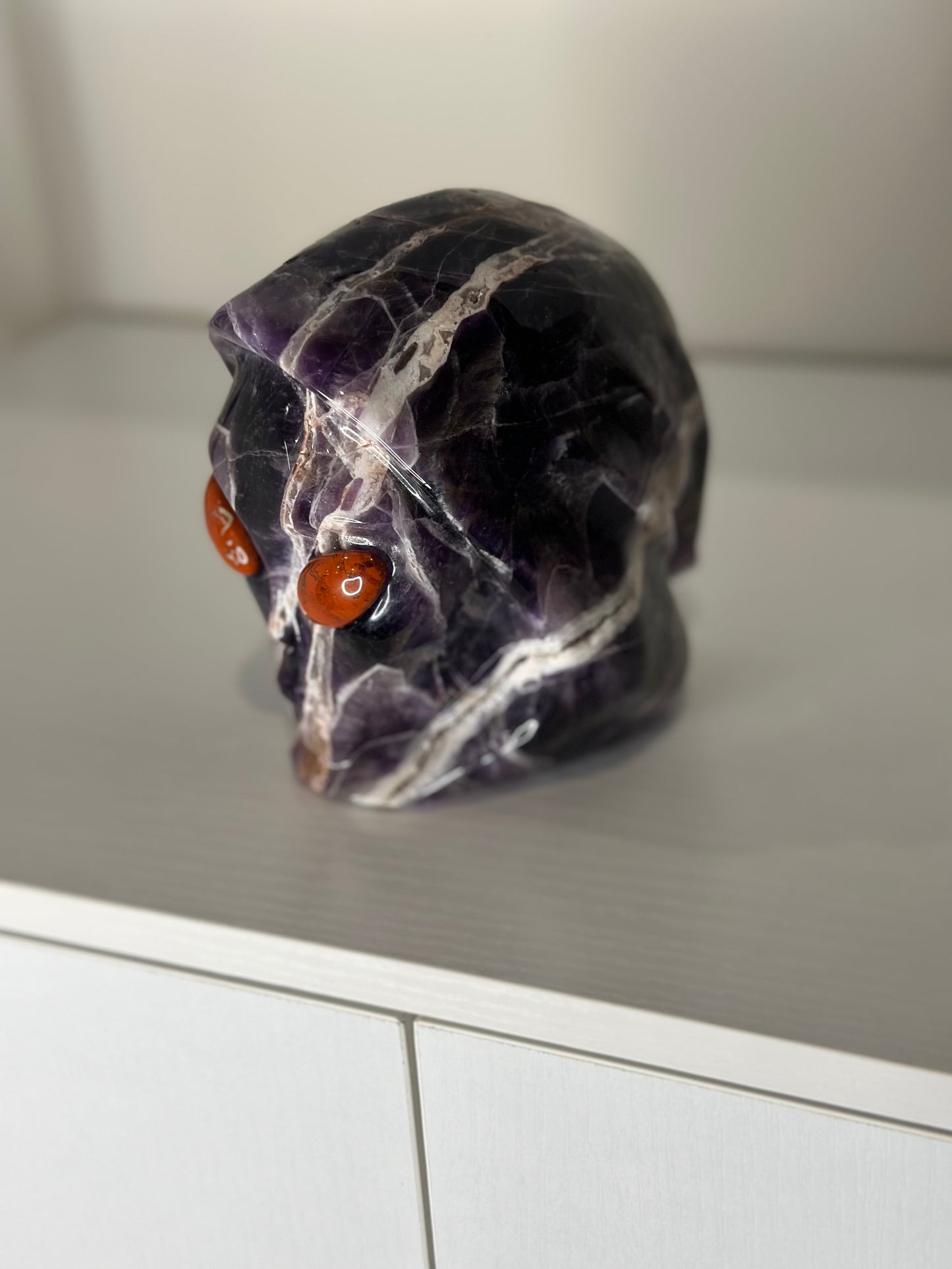 5 Inch Dream Amethyst w/Red Jasper Eyes Hooded Alien Head
