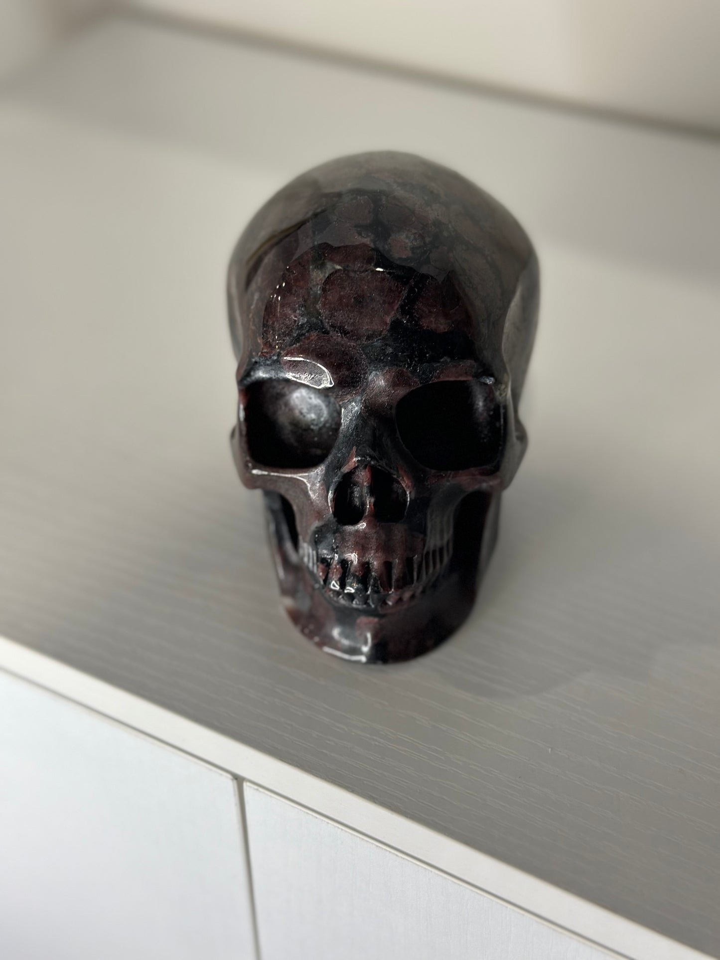 Firework Garnet Crystal Skull – 5" Hand-Carved Gemstone Sculpture | 4 lbs of Artisan Luxury