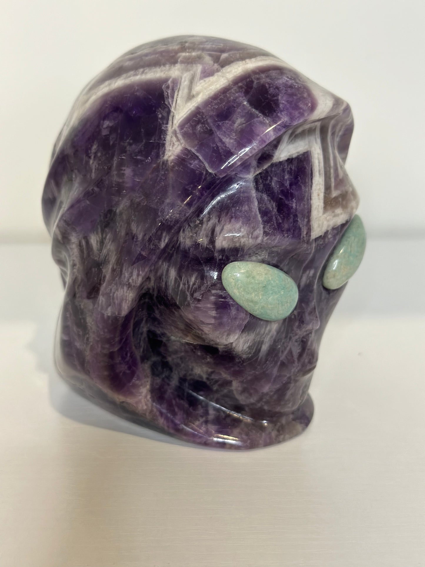 Hooded Alien Head Crystal Carving in Dream Amethyst & Amazonite – 4.075 lbs of Hand-Carved Metaphysical Art