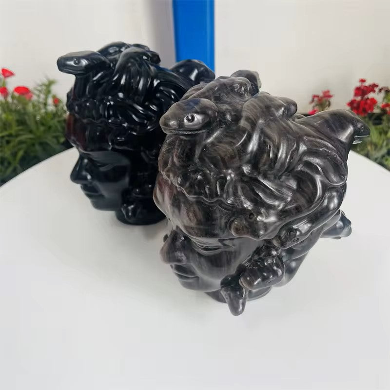High Quality Natural Crystal Black and Silver obsidian Medusa Head