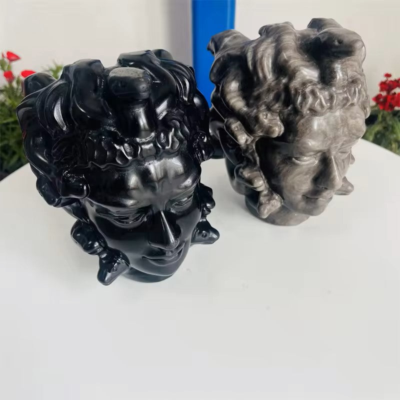 High Quality Natural Crystal Black and Silver obsidian Medusa Head