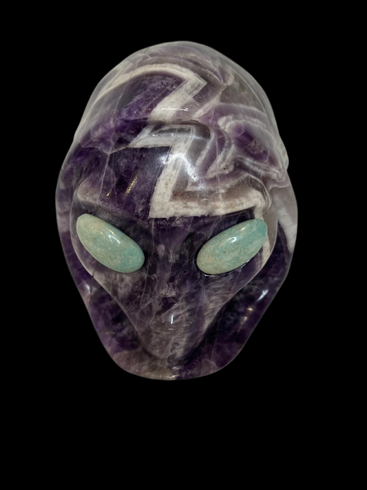 Hooded Alien Head Crystal Carving in Dream Amethyst & Amazonite – 4.075 lbs of Hand-Carved Metaphysical Art