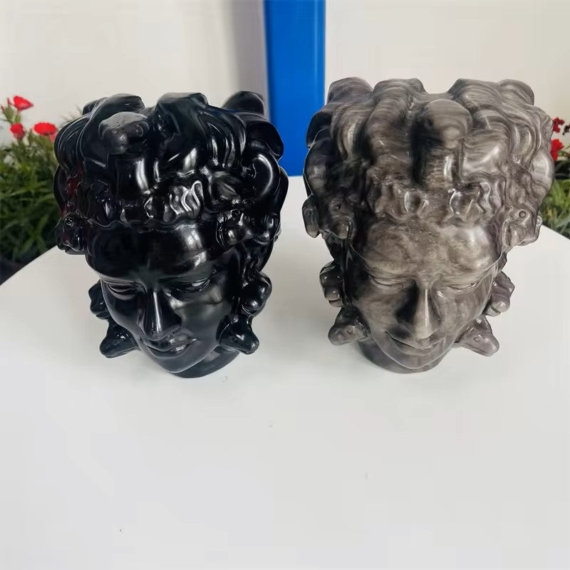 High Quality Natural Crystal Black and Silver obsidian Medusa Head